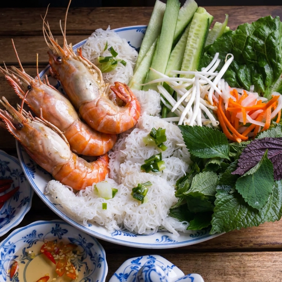 Vietnamese vermicelli platter with grilled prawns, fresh herbs, lettuce, cucumber, bean sprouts, carrots, and chili dipping sauce.