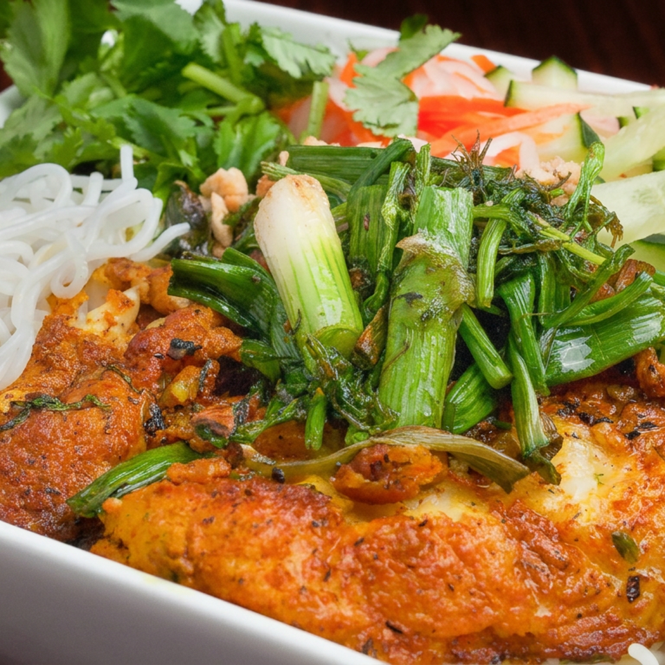 Vietnamese vermicelli bowl with grilled meat, fresh herbs, cucumber, pickled vegetables, and crispy spring rolls.
