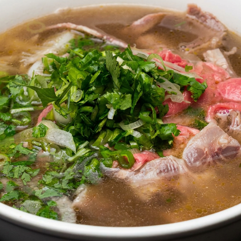 Bowl of Vietnamese-style beef noodle soup topped with cilantro, green onions, sliced onions, and thinly sliced beef.