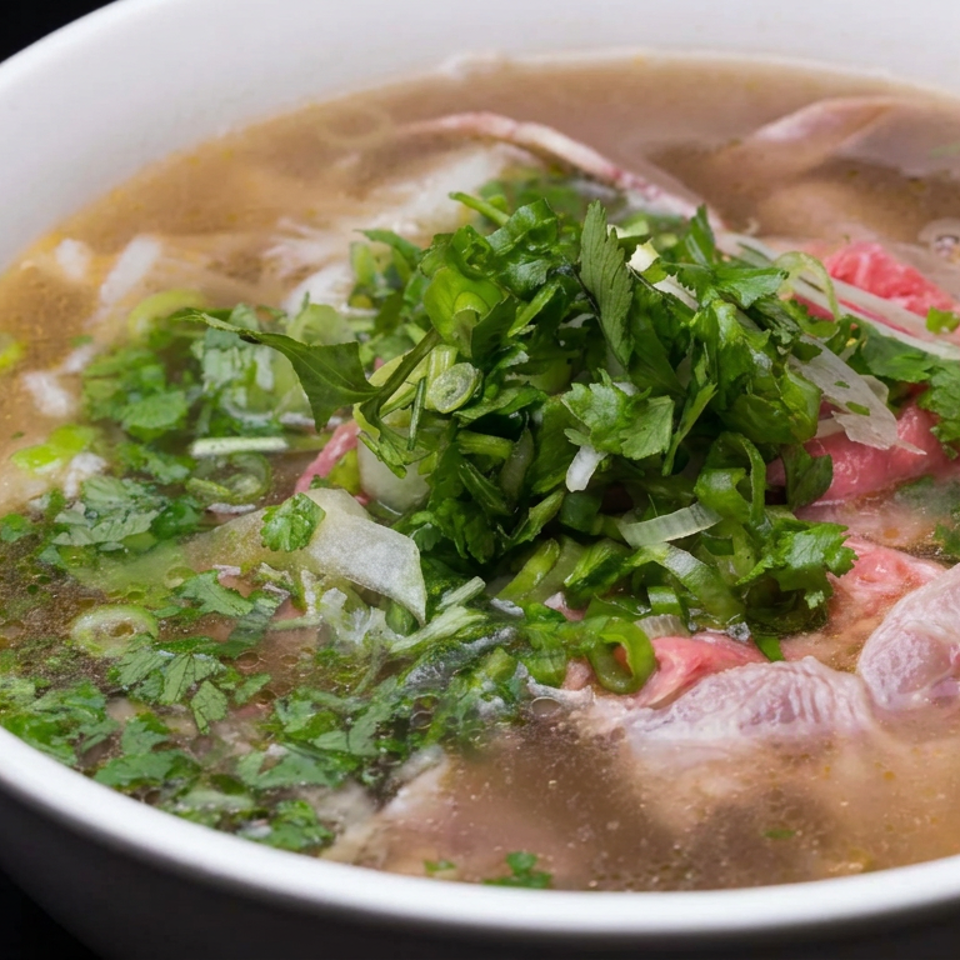 Bowl of Vietnamese beef noodle soup topped with rare beef slices, cilantro, green onions, and white onions.