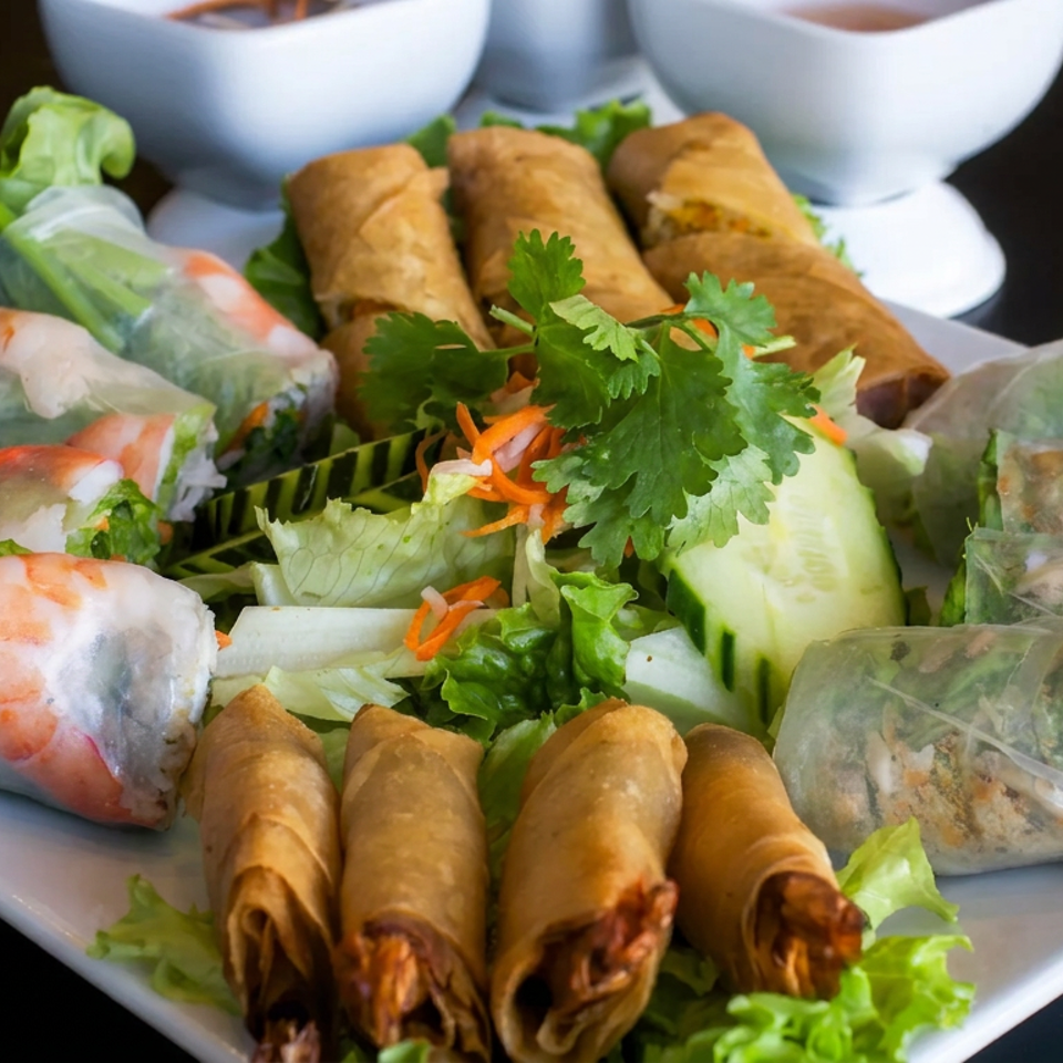 Plate of Vietnamese spring rolls, fried egg rolls, fresh herbs, lettuce, and dipping sauces.
