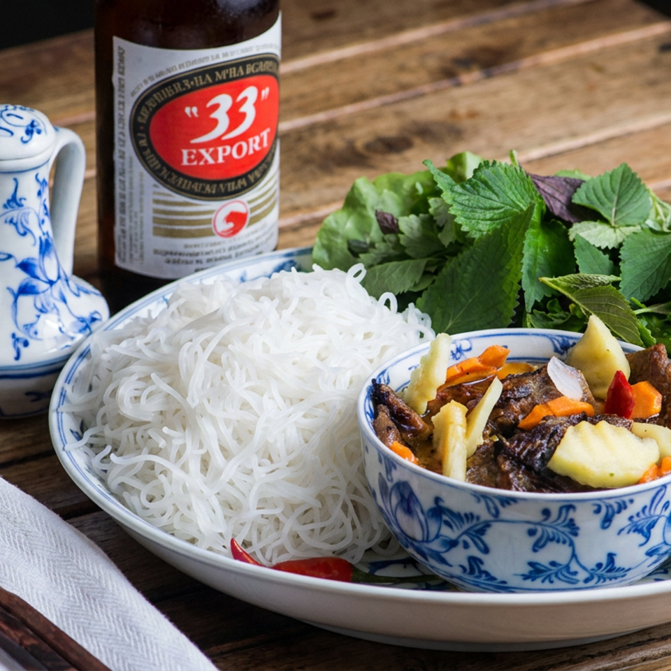 Vietnamese vermicelli noodles with vegetables, herbs, dipping sauce, chopsticks, and a 333 Export beer on a wooden table.