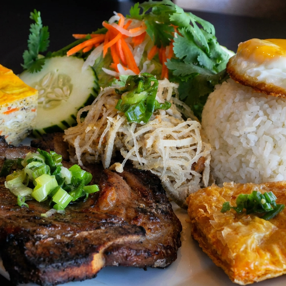 Plate of grilled meat, fried egg over rice, crispy noodles, vegetables, cucumber, and golden savory pastries.