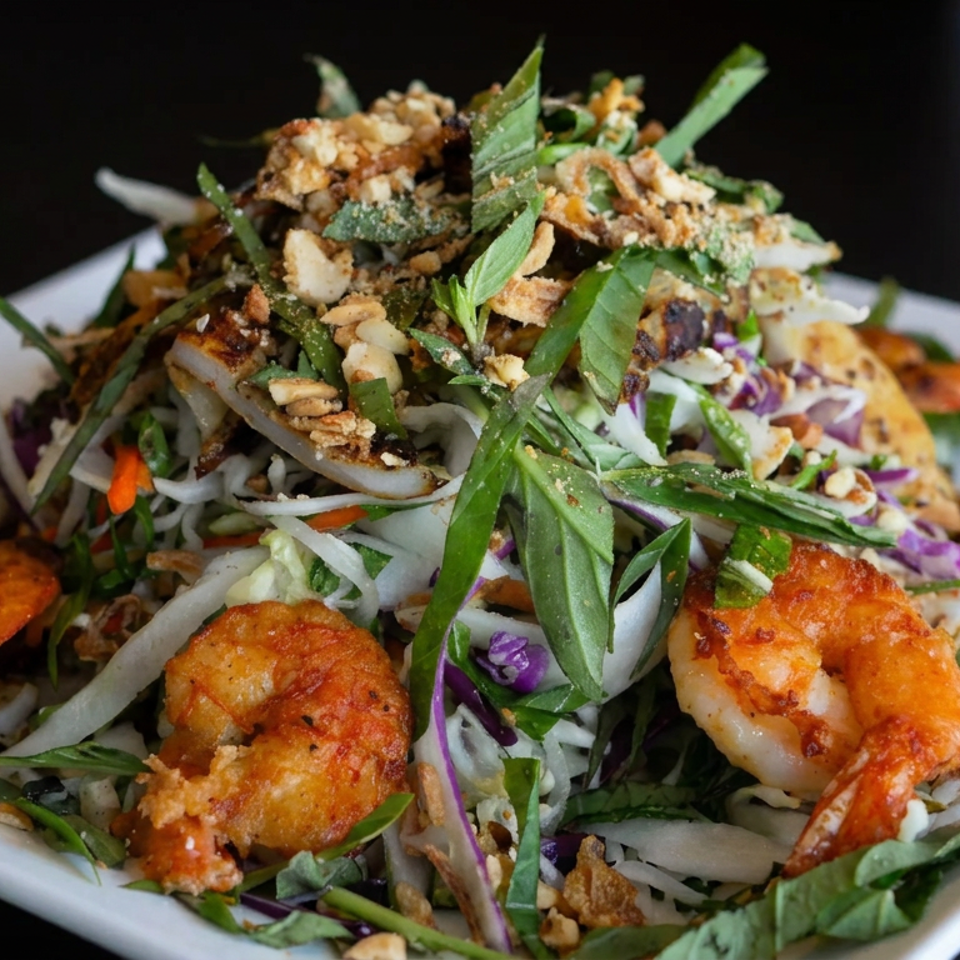 Crispy shrimp salad topped with fresh herbs, shredded cabbage, carrots, peanuts, and fried onions on a white plate.